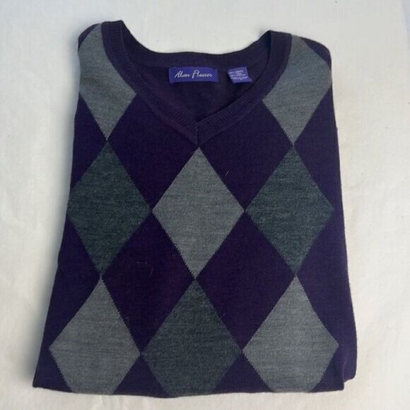Alan Flusser Purple Argyle Sweater Merino Wool Long Sleeve V-Neck Relaxed L - Picture 1 of 8